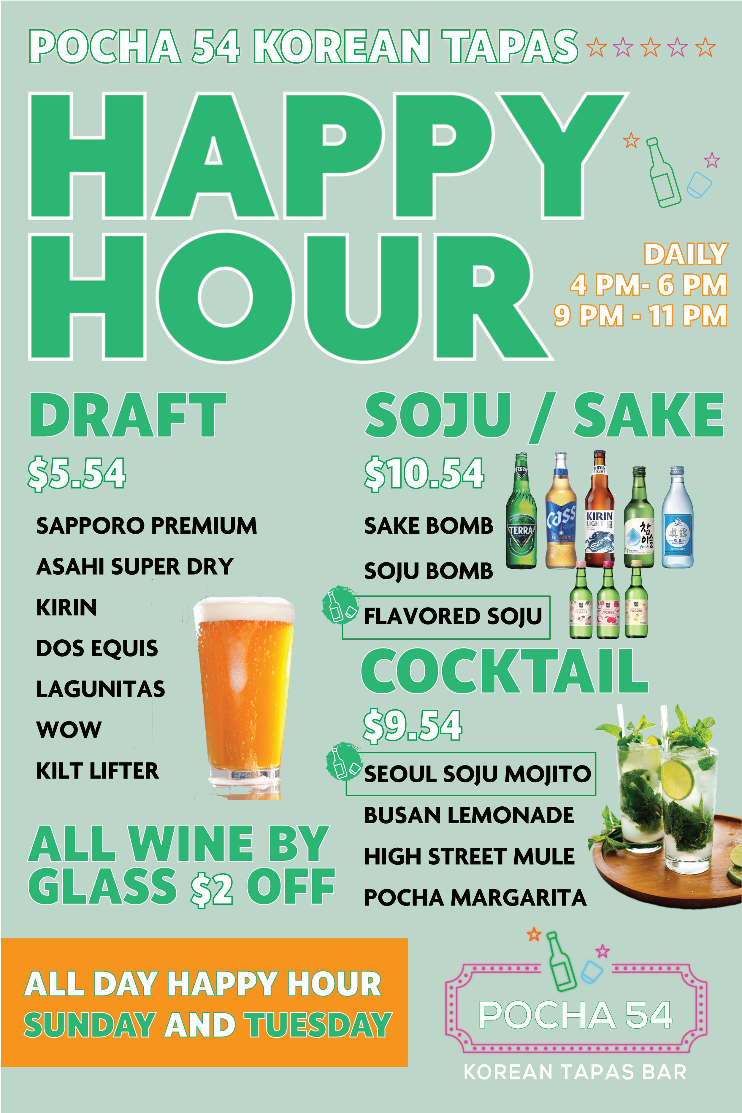 Menu poster for Pocha 54 Korean Tapas Bar advertising happy hour with discounted drafts, soju/sake, and cocktails, featuring colorful text and images of drinks.