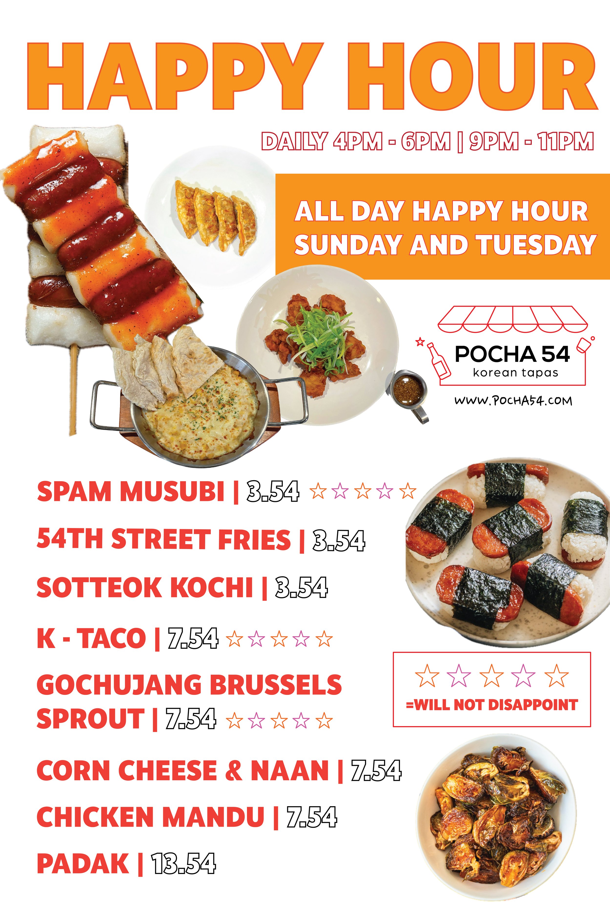 A menu poster advertising daily happy hour from 4 PM to 6 PM and 9 PM to 11 PM, with food and drink specials, featuring images of Korean tapas, sushi, fried chicken, and various dishes, along with prices and ratings.